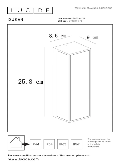 Lucide DUKAN - Lámpara de pared Dentro/Fuera - 1xE27 - IP65 - Negro - técnico